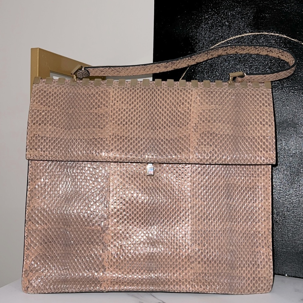 Valentino Blush colored snakeskin top handle bag with removable shoulder strap.